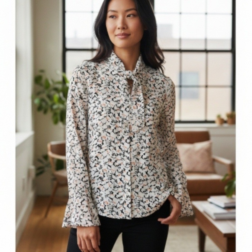 VERONICA BEARD Silk Floral Print Long Sleeve Tie Neck Blouse Women's Size 6